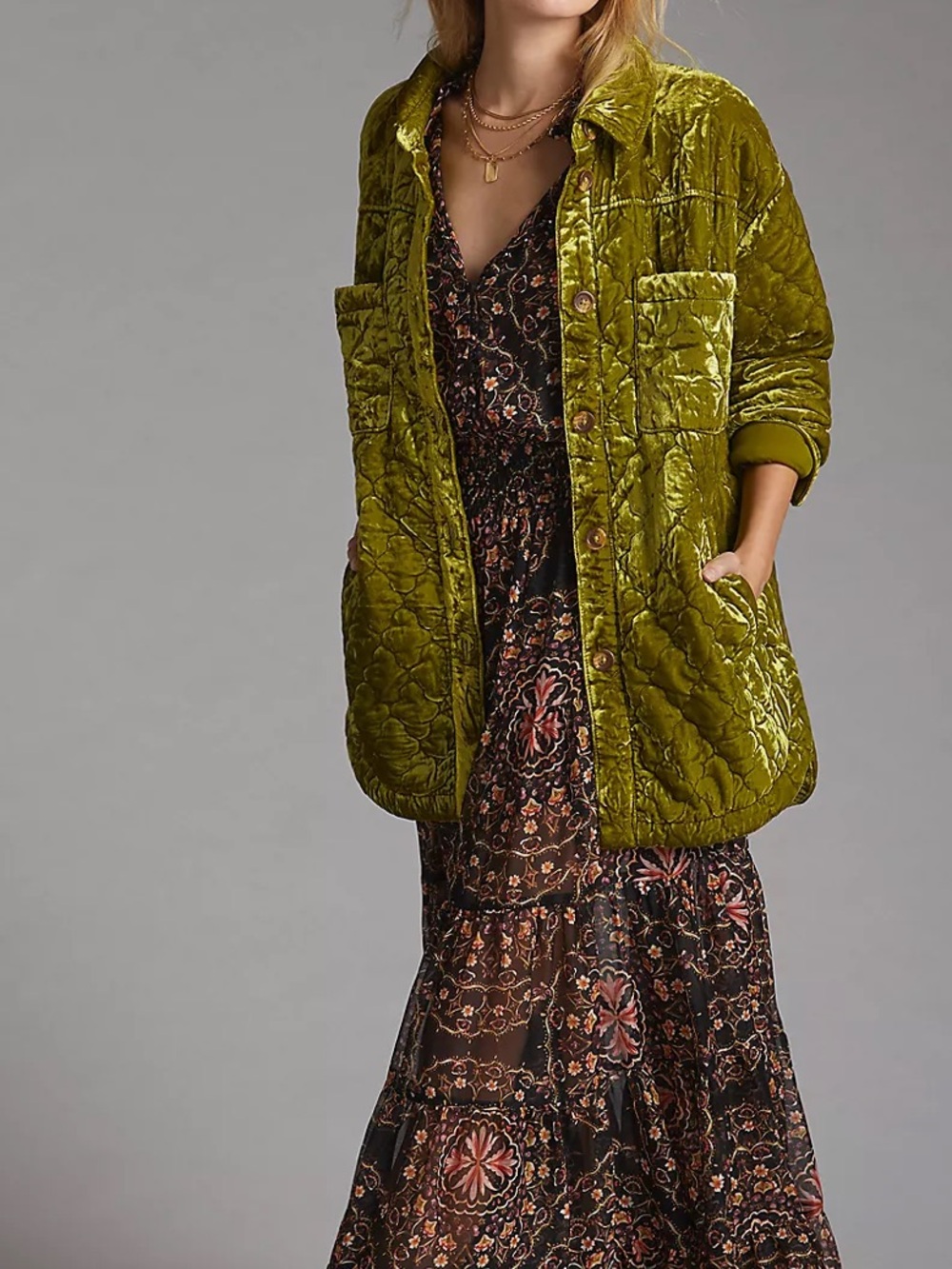 Anthropologie Quilted Velvet oversized Shirt Jacket shacket boho
